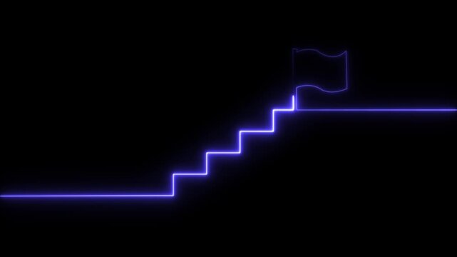 Glowing neon Success stairs sign with flag icon animation on black background