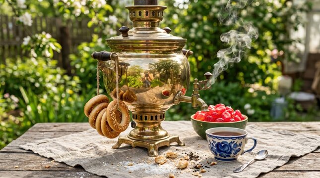 Brass samovar brewing tea on rustic outdoor table with bagels, porcelain cup and bowl of cherries in sunlit garden setting, warm morning mood