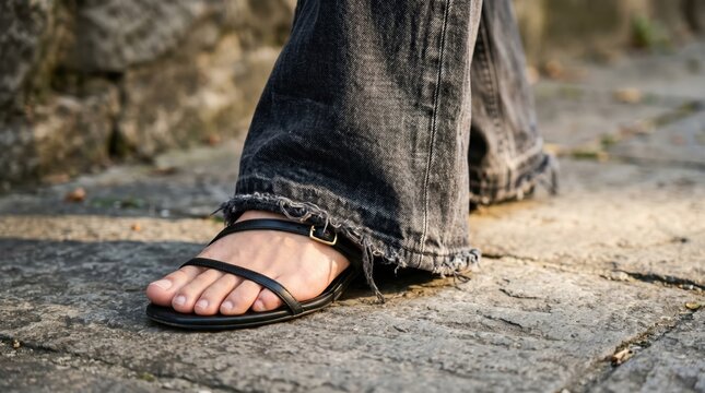 Close up of foot in strappy sandal and frayed denim hem stepping on stone pavement, casual urban stroll detail conveying relaxed summer footwear and texture