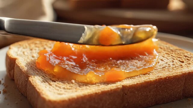 Spreading fruit preserve on toasted bread slice close up with knife warm lighting