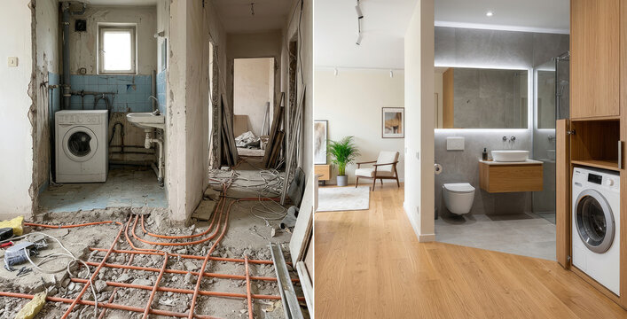 The image presents a before-and-after renovation transformation of a small apartment. The left image shows a dilapidated laundry room with exposed pipes, crumbling walls, and outdated appliances.