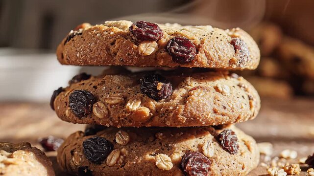 Stack of baked oatmeal raisin cookies with a focus on texture and ingredients