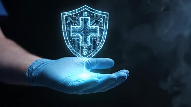 A hand in a medical glove holds a glowing blue digital shield with a cross, representing health data protection and security