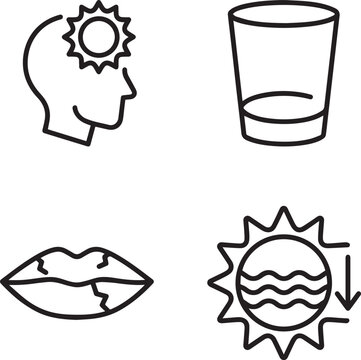 Man's head with sun symbol during heat wave near dry lips and water glass vector illustration