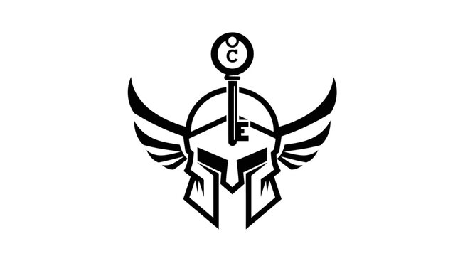 Winged Spartan helmet with integrated key symbol on white background
