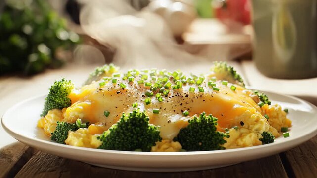 Steaming broccoli and cheese omelette with fresh garnish