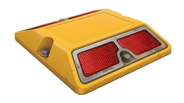 Yellow raised pavement marker or cat's eye road stud with red reflectors, used for lane delineation and traffic safety visibility.