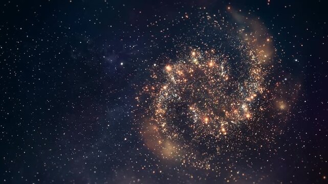 Dense starfield: bright stellar cluster within a faint spiral structure against a dark sky. Interstellar dust, nebular glow, deep sky night, astronomy background. astrophotography scientific backdrop