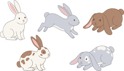 Fototapeta premium Cute Bunny Rabbit Character Vector Set Featuring Various Breeds Poses White Grey Brown and Spotted Hares for Easter and Pet Graphic Designs