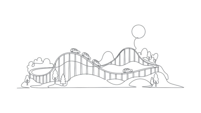 Continuous line drawing of a roller coaster ride in an amusement park.