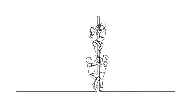 A continuous line drawing of a group of people climbing a vertical pole together.