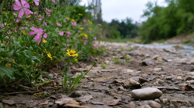 A high   tilted view captures a parched riverbed expanse richly accented by lush greenery and vibrant blooms