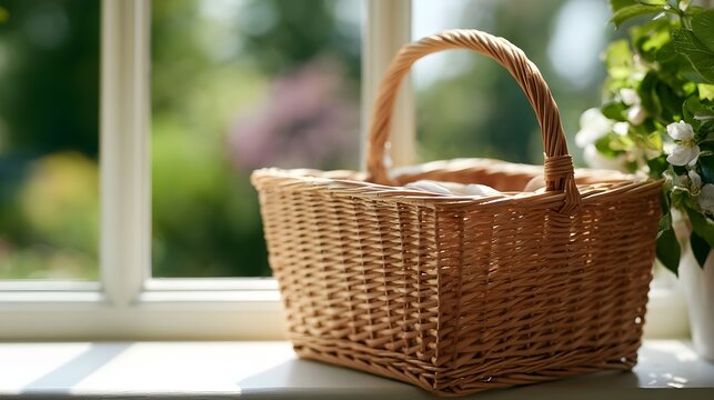 A neatly arranged picnic basket sits on a sunny ill creating a scene of peaceful nature and serenity