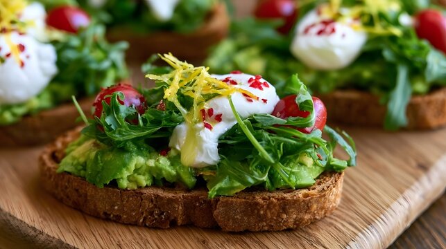 A close up ro shot of fresh avocado toast drizzled with dressing and citrus zest emphasizing vibrant texture and gourmet flavor