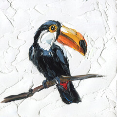 Obraz premium Textured oil painting tropical toucan bird on branch against white background, painted with thick impasto strokes.