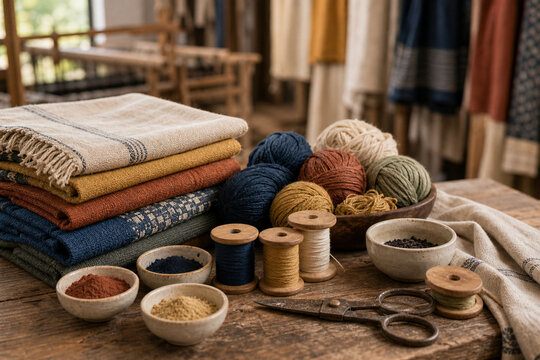 Handwoven textiles and natural dye materials in local workshop