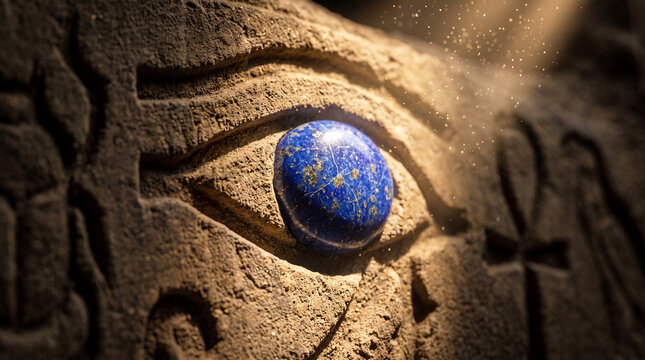 Extreme macro shot of an ancient Egyptian hieroglyph carving featuring the Eye of Horus with a bright blue lapis lazuli stone, illuminated by a sunbeam
