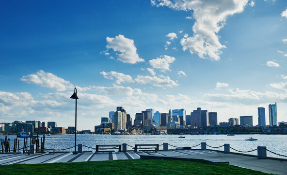 The Boston skyline as seen from Piers Park, on the waterfront of the Jeffries Point neighborhood in East Boston, Massachusetts