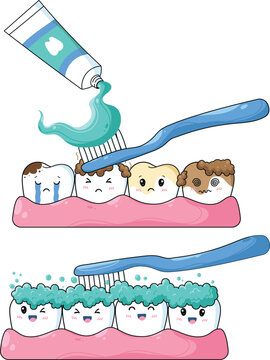 Cute Tooth Character Cleaning Process with Toothbrush and Toothpaste