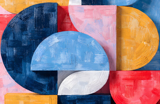 Abstract geometric painting overlapping semicircles rectangles squares vibrant blue red yellow pink textured brushstrokes dynamic rhythm balanced artistic composition   generative ai