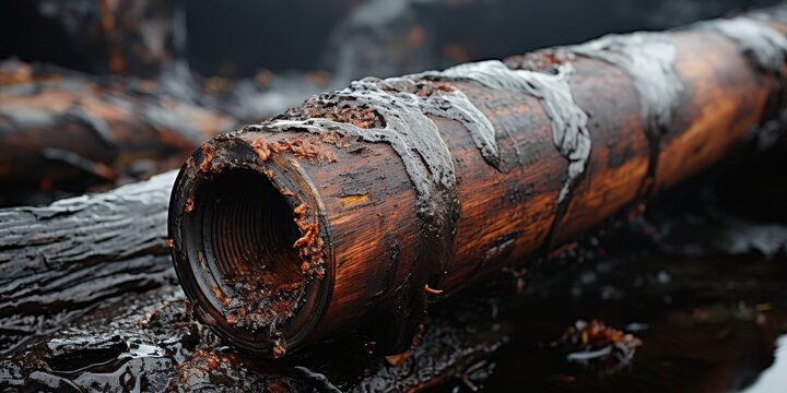 A charred and weathered wooden pipe lies abandoned in a puddle of murky liquid, its surface marked by the passage of time and the elements.