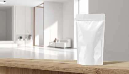 Fototapeta premium A white standing pouch packaging bag on a wooden table in a modern minimalistic room with sunlight.
