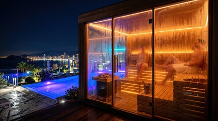 Obraz premium People relaxing inside glass sauna cabin on terrace overlooking illuminated coastal city and pool at night, warm ambient wellness scene