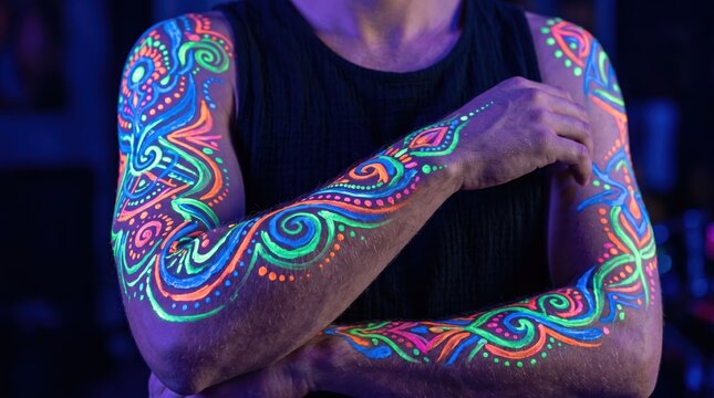Male forearms and hands decorated with vivid neon ultraviolet paint, close up of swirling fluorescent patterns under blacklight in nightclub or rave environment