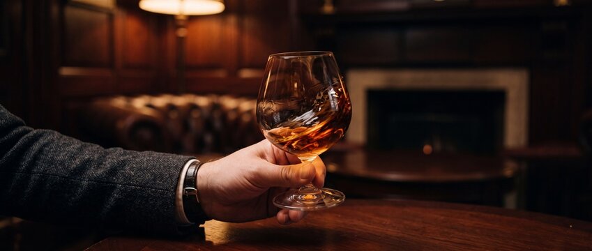 Person holding snifter glass of amber liquid brandy or cognac in dark interior setting with blurred fireplace and warm light