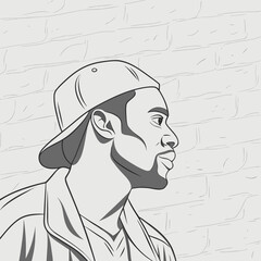 Side profile portrait of a person wearing a cap and jacket with black and white, line art © Nurshahi