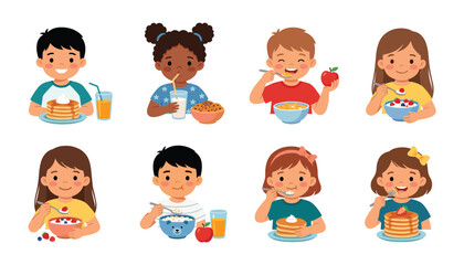 Kids breakfast transparent vector set, cute cartoon children eating healthy morning food and snacks collection. © Creative Studio 