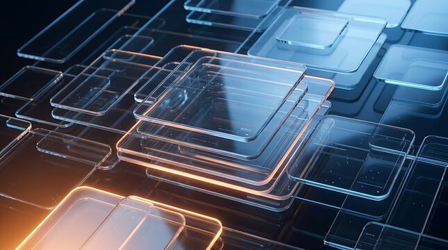 Abstract arrangement of transparent glass rectangles and squares with rounded corners illuminated by warm orange and cool blue light creating a futuristic digital data flow or network