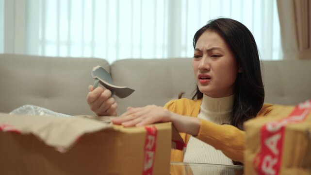 Stressed young woman opening a parcel and discovering damaged product after online shopping at home. Shipping damage, delivery issue. E-commerce, consumer rights and insurance claim concept.
