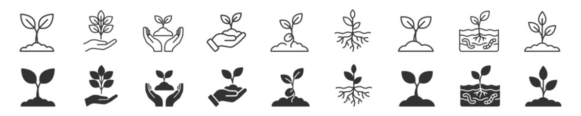 set of plant seedling icons with soil roots and hands holding sprouts on transparent background © gerik_a