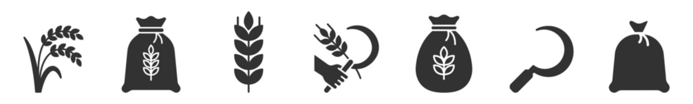 agriculture harvest icons set with rice plant sickle and grain sack on transparent background