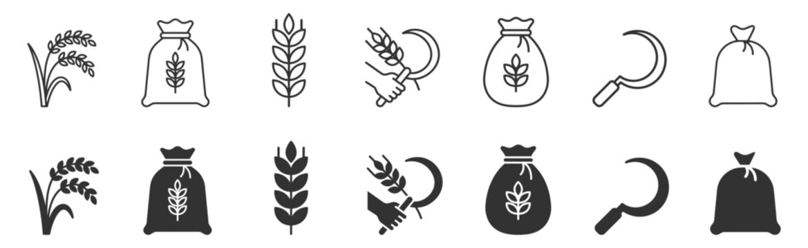 Wheat grain and harvesting agriculture icons set with sack of grain and sickle on transparent background