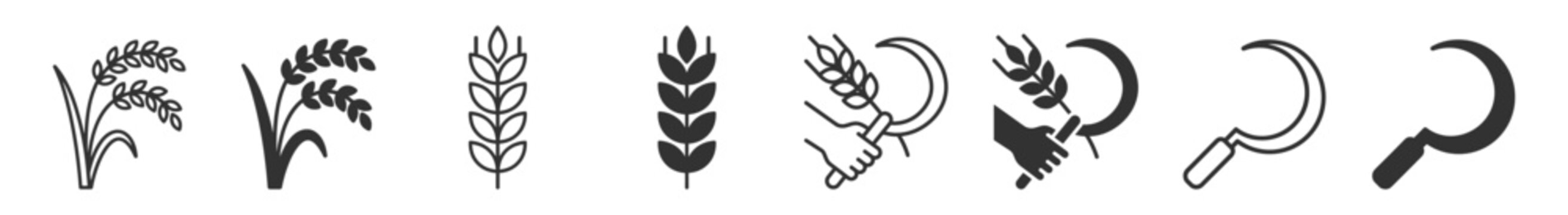 wheat and sickle icons set, agriculture and farming symbols collection on transparent background