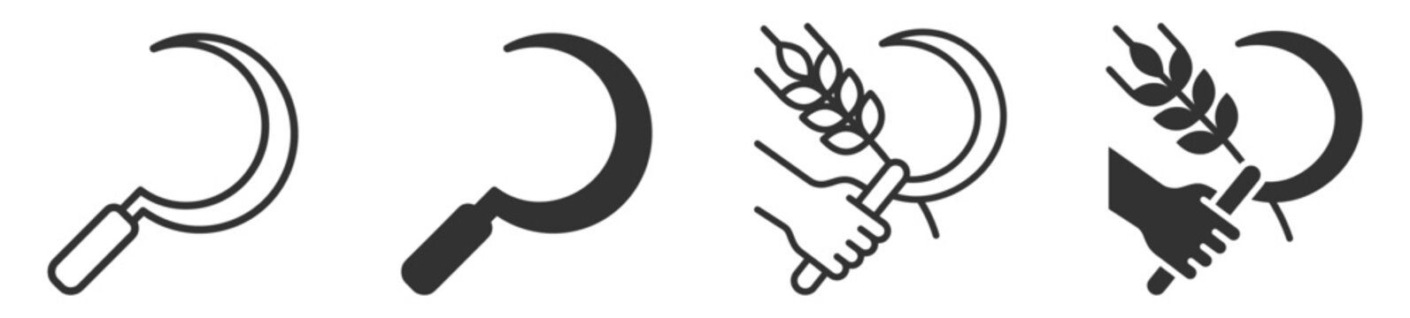 sickle icon set with hand holding wheat stalk agriculture tools illustration on transparent background