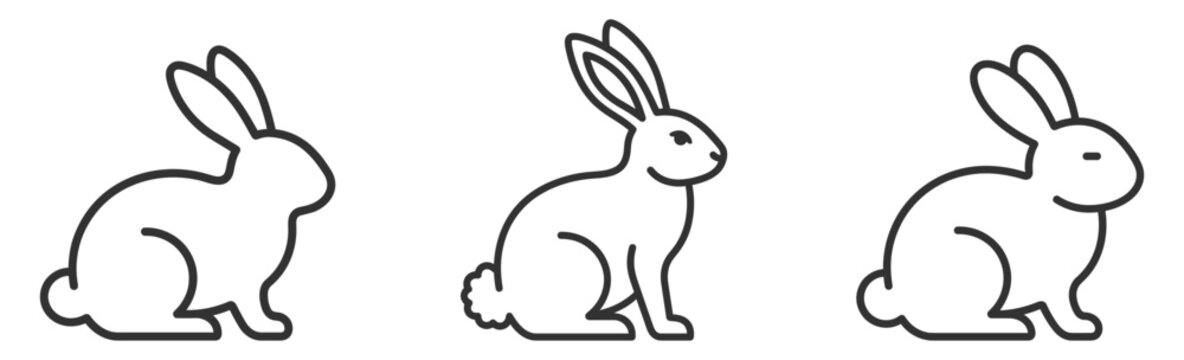 line art rabbits set black outline minimal style animal icons on transparent background