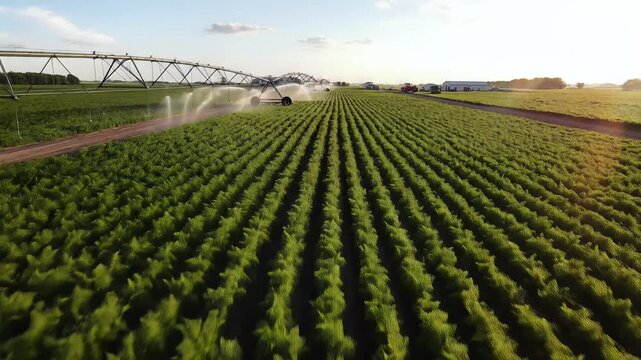 Vast green agricultural field with irrigation system under clear sky and warm sunlight