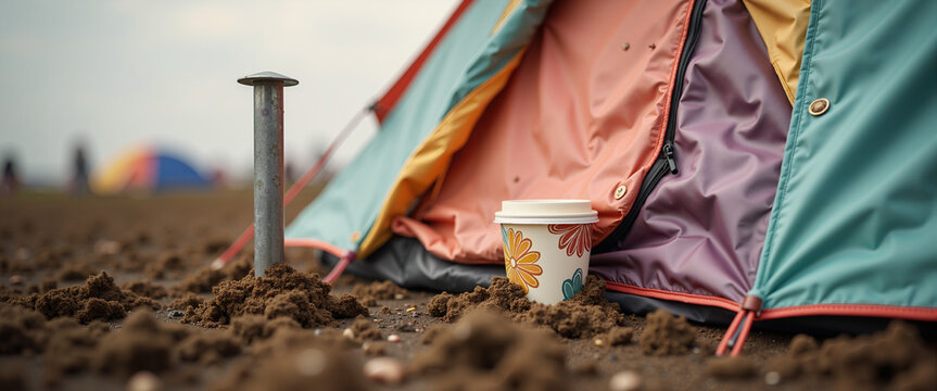 Heavy metal tent peg deeply stuck in the mud next to a collapsed tent for festival survival content