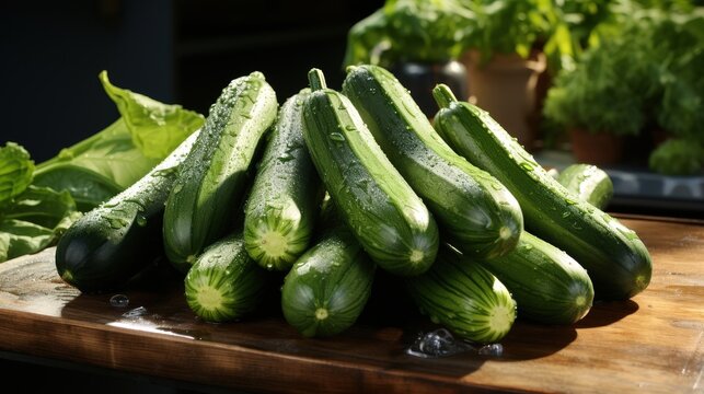 A cluster of freshly picked zucchini, glistening with moisture, sits on a wooden cutting board, ready for culinary adventures.