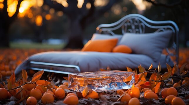 A Glass Block Resting On A Bed Of Fallen Leaves In Front Of A Wrought Iron Bed