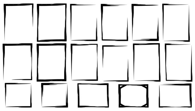 Black grunge brushstroke square rectangle frame set on transparent, hand drawn ink paint border collection, distressed dirty texture box, vector design template.

