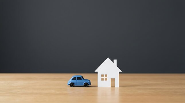 Small blue toy car beside miniature white house on wooden table