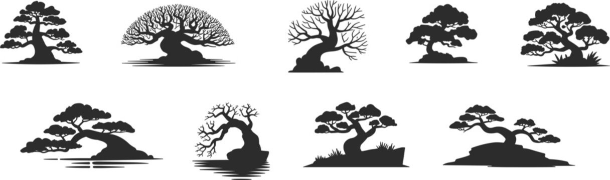 Bonsai tree silhouette vector set, japanese zen mini potted trees collection isolated on white background