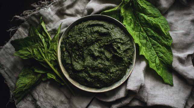 comfrey. Fresh green herbal paste on a linen cloth, a natural remedy prepared. lifestyle magazines, social media lookbooks, designed for influencer and brand collaborations.
