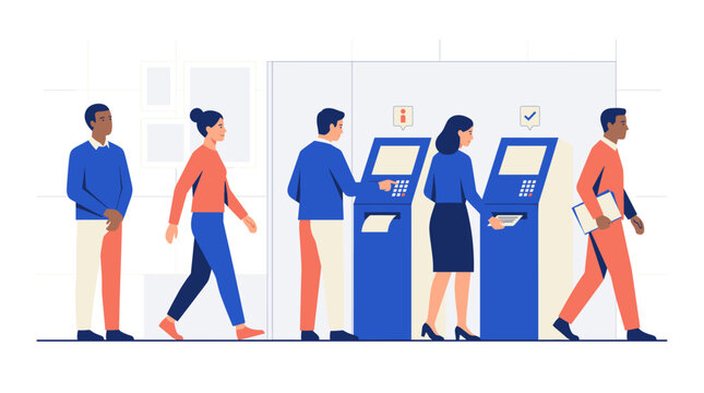 People Using Self Service Kiosks and ATM Machines Illustration