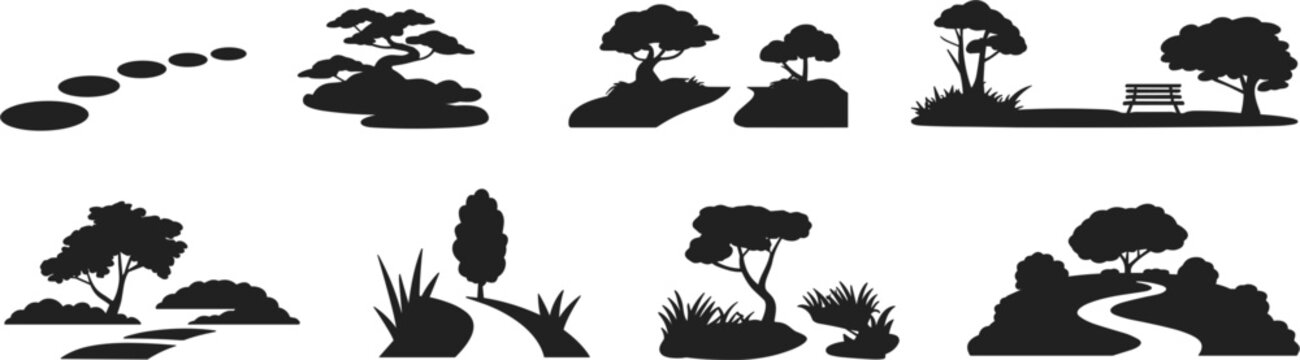Park and garden landscape silhouette vector set, backyard nature path tree and bench elements isolated on white background