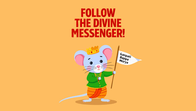 Mouse as ganeshas vehicle is carrying a flag with ganeshas mantra